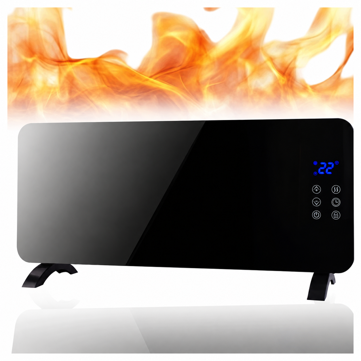 Convector electric 2000 W cu panou frontal din sticla securizata, 2 trepte de incalzire, termostat reglabil, afisaj LED si temporizator 24 ore, montaj pe perete sau podea, protectie IP24 impotriva stropilor de apa, 92x24x43 cm, negru - imagine 5