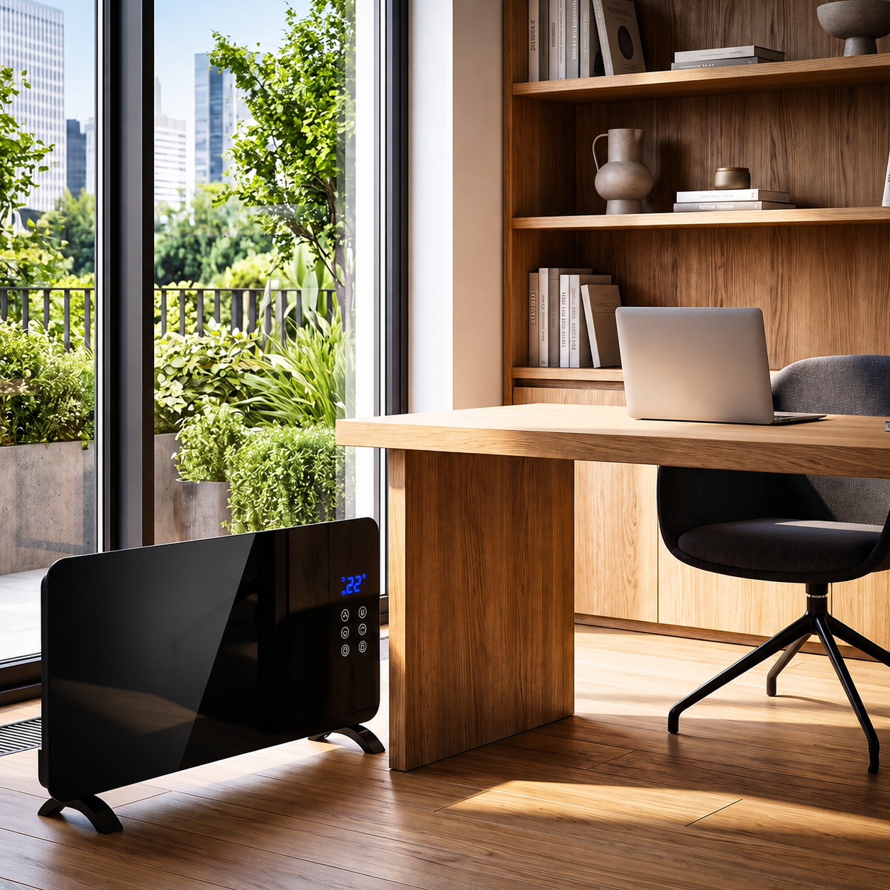 Convector electric 2000 W cu panou frontal din sticla securizata, 2 trepte de incalzire, termostat reglabil, afisaj LED si temporizator 24 ore, montaj pe perete sau podea, protectie IP24 impotriva stropilor de apa, 92x24x43 cm, negru - imagine 6