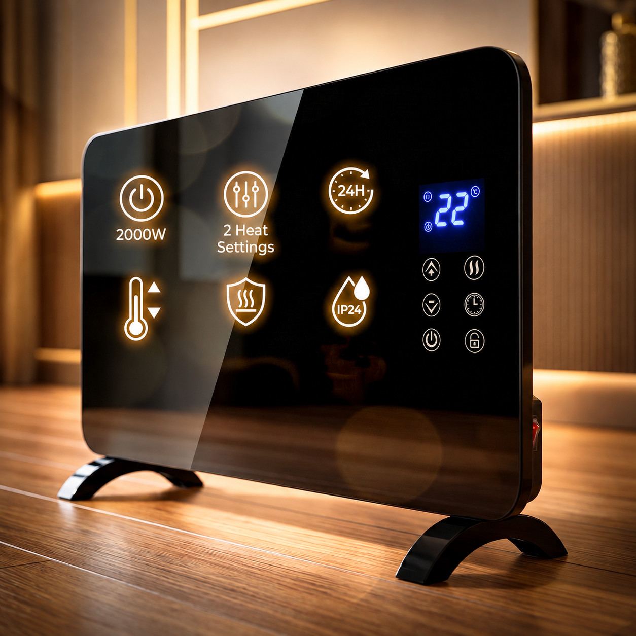 Convector electric 2000 W cu panou frontal din sticla securizata, 2 trepte de incalzire, termostat reglabil, afisaj LED si temporizator 24 ore, montaj pe perete sau podea, protectie IP24 impotriva stropilor de apa, 92x24x43 cm, negru - imagine 7