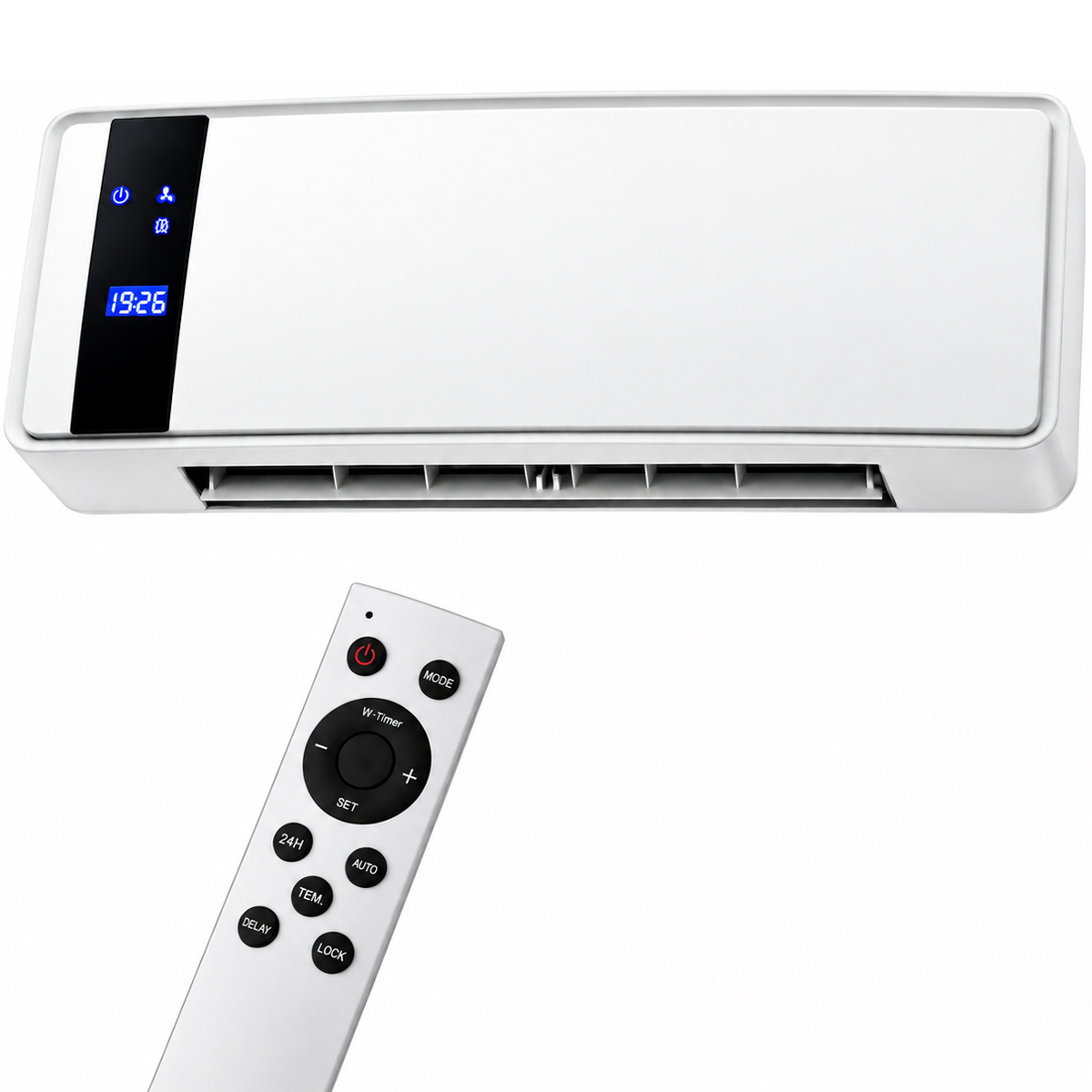 Aeroterma electrica de perete cu element ceramic PTC, putere reglabila 1000 W si 2000 W, 3 moduri functionare pentru ventilatie si incalzire, afisaj LED si telecomanda, programator si temporizator, 50x14x19 cm