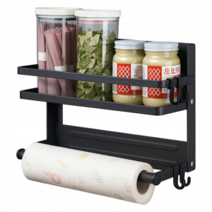 Organizator magnetic de bucatarie pentru frigider sau perete, cu 2 rafturi metalice pentru condimente, suport pentru rola de prosop de hartie si 4 carlige pentru ustensile, montaj magnetic sau cu dibluri, 31x11x21 cm