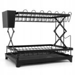Uscator de vase pliabil cu 2 niveluri pentru farfurii, pahare si tacamuri, structura metalica rezistenta la rugina, tava de scurgere detasabila, suporturi laterale pentru accesorii, pliabil, 42x30x33 cm, negru