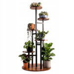 Suport pentru flori si plante cu 6 niveluri, design vertical tip turn, structura metalica, polite cu aspect de lemn, baza stabila cu diametru de 39 cm, stil industrial, inaltime 88 cm, maro deschis