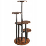 Suport pentru flori si ghivece cu 6 niveluri, structura metalica rezistenta cu polite rotunde de 18 cm, stil industrial si loft, baza stabila de 32 cm, inaltime 83 cm, maro aspect lemn