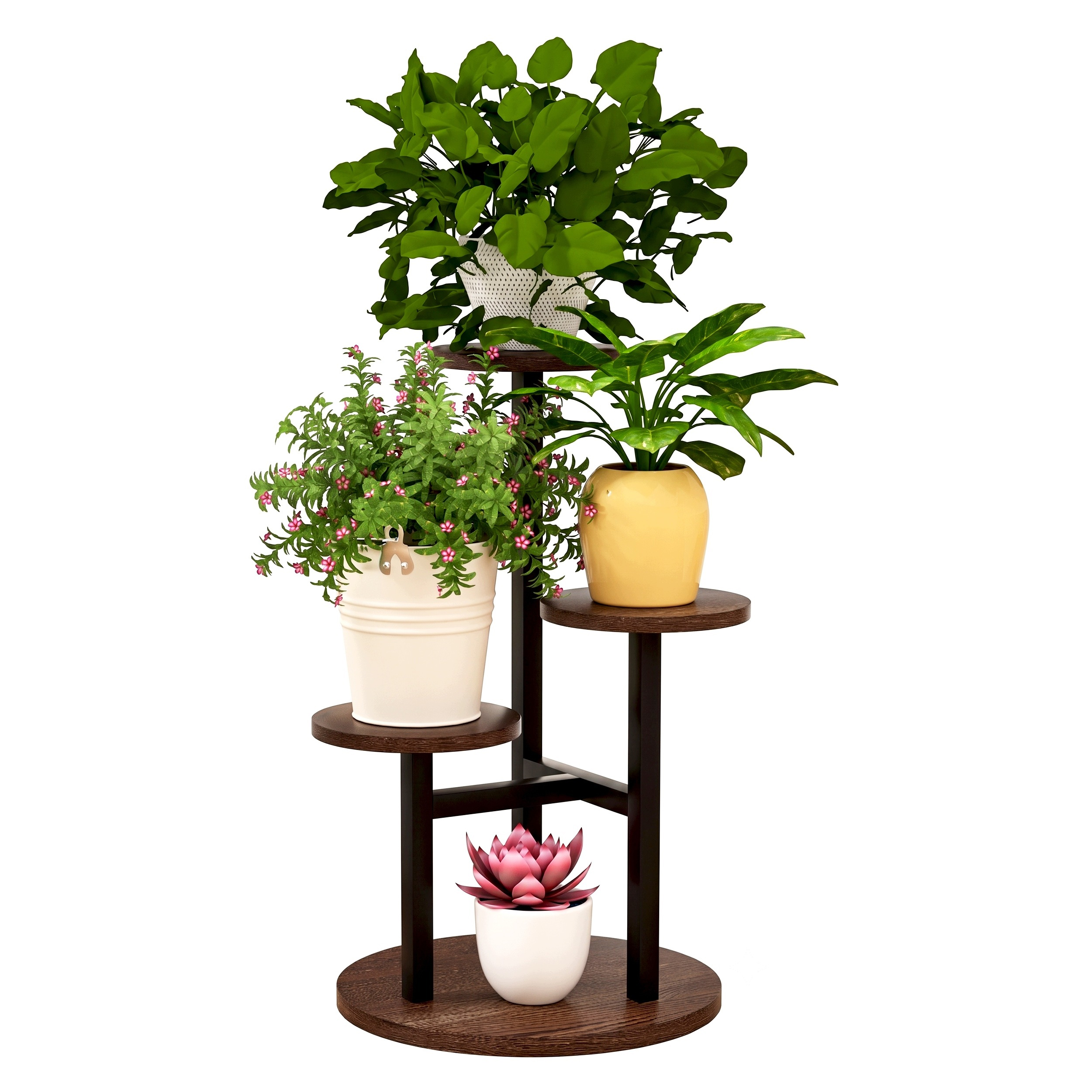 Suport pentru flori si ghivece cu 4 niveluri, structura metalica, polite rotunde de 18 cm cu margini inaltate pentru stabilitatea ghivecelor, baza de 32 cm, stil industrial, inaltime 54 cm, maro inchis