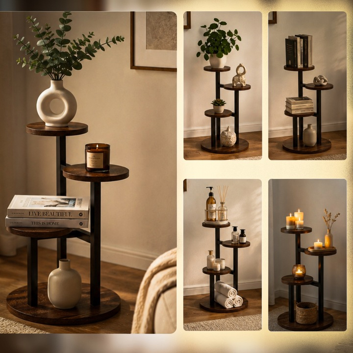 Suport pentru flori si ghivece cu 4 niveluri, structura metalica, polite rotunde de 18 cm cu margini inaltate pentru stabilitatea ghivecelor, baza de 32 cm, stil industrial, inaltime 54 cm, maro inchis - imagine 13