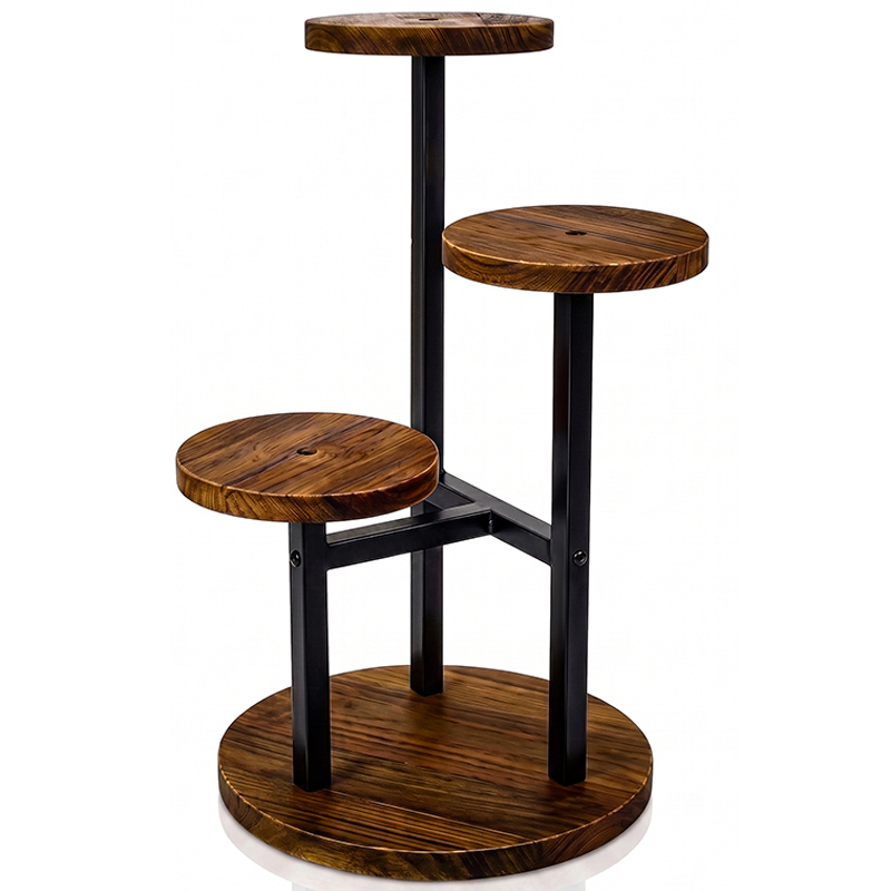 Suport pentru flori si ghivece cu 4 niveluri, structura metalica, polite rotunde de 18 cm cu margini inaltate pentru stabilitatea ghivecelor, baza de 32 cm, stil industrial, inaltime 54 cm, maro inchis - imagine 2