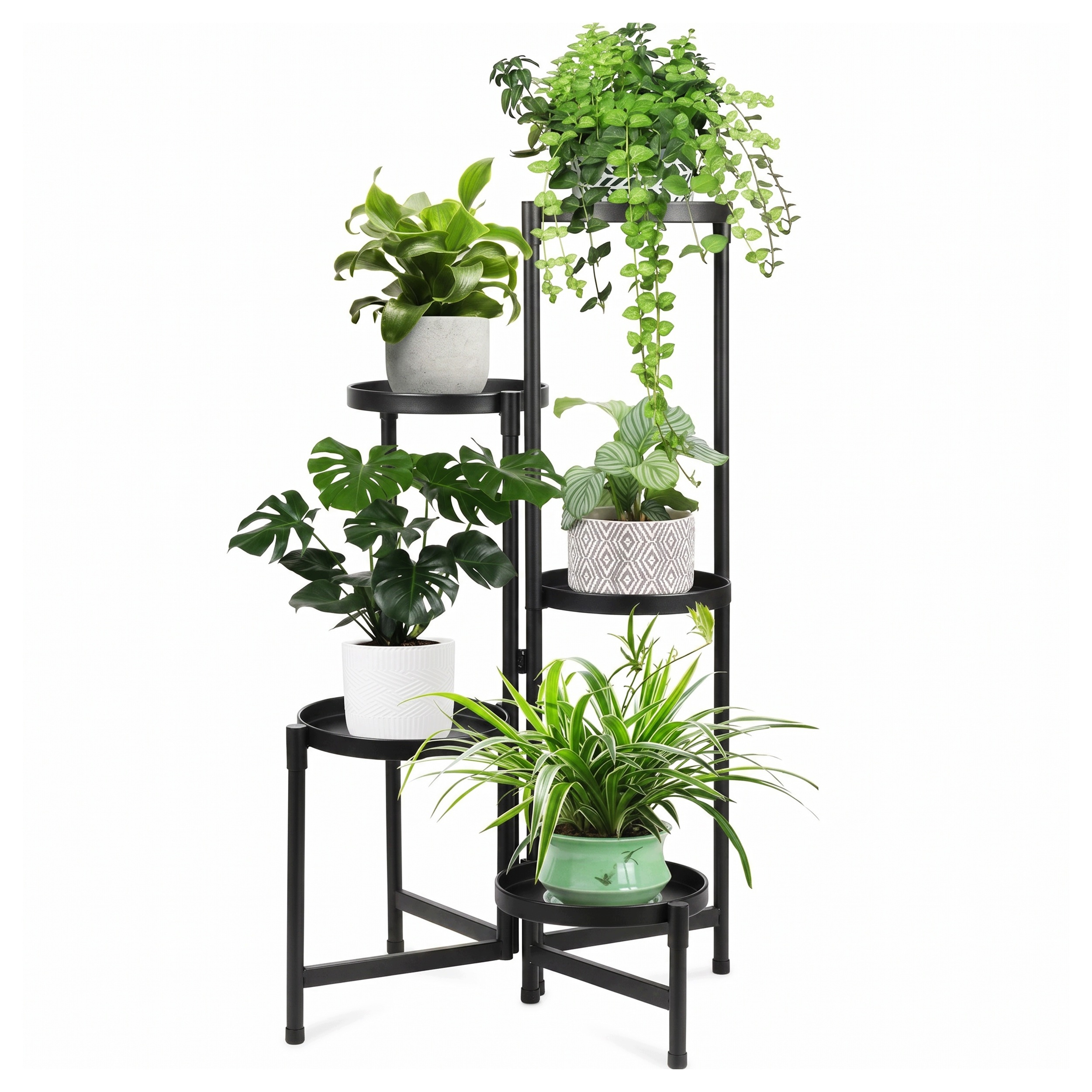 Suport pentru flori si ghivece cu 5 niveluri, structura metalica, polite rotunde cu margini inaltate si diametru de 20 cm, design modern industrial si loft, baza stabila de 48x48 cm, inaltime 82 cm, negru