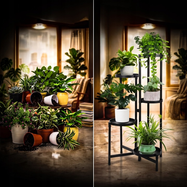 Suport pentru flori si ghivece cu 5 niveluri, structura metalica, polite rotunde cu margini inaltate si diametru de 20 cm, design modern industrial si loft, baza stabila de 48x48 cm, inaltime 82 cm, negru - imagine 11