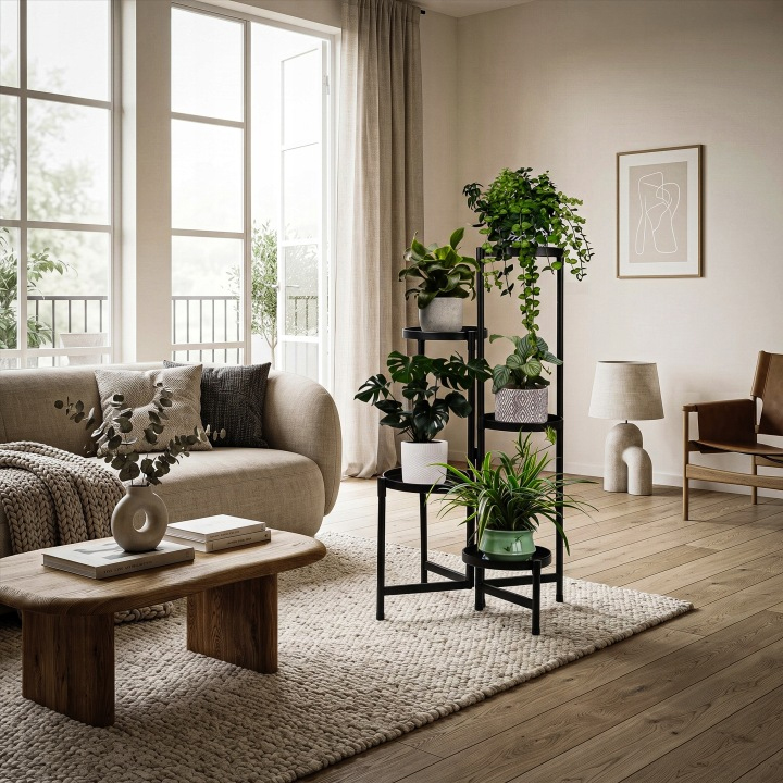 Suport pentru flori si ghivece cu 5 niveluri, structura metalica, polite rotunde cu margini inaltate si diametru de 20 cm, design modern industrial si loft, baza stabila de 48x48 cm, inaltime 82 cm, negru - imagine 12