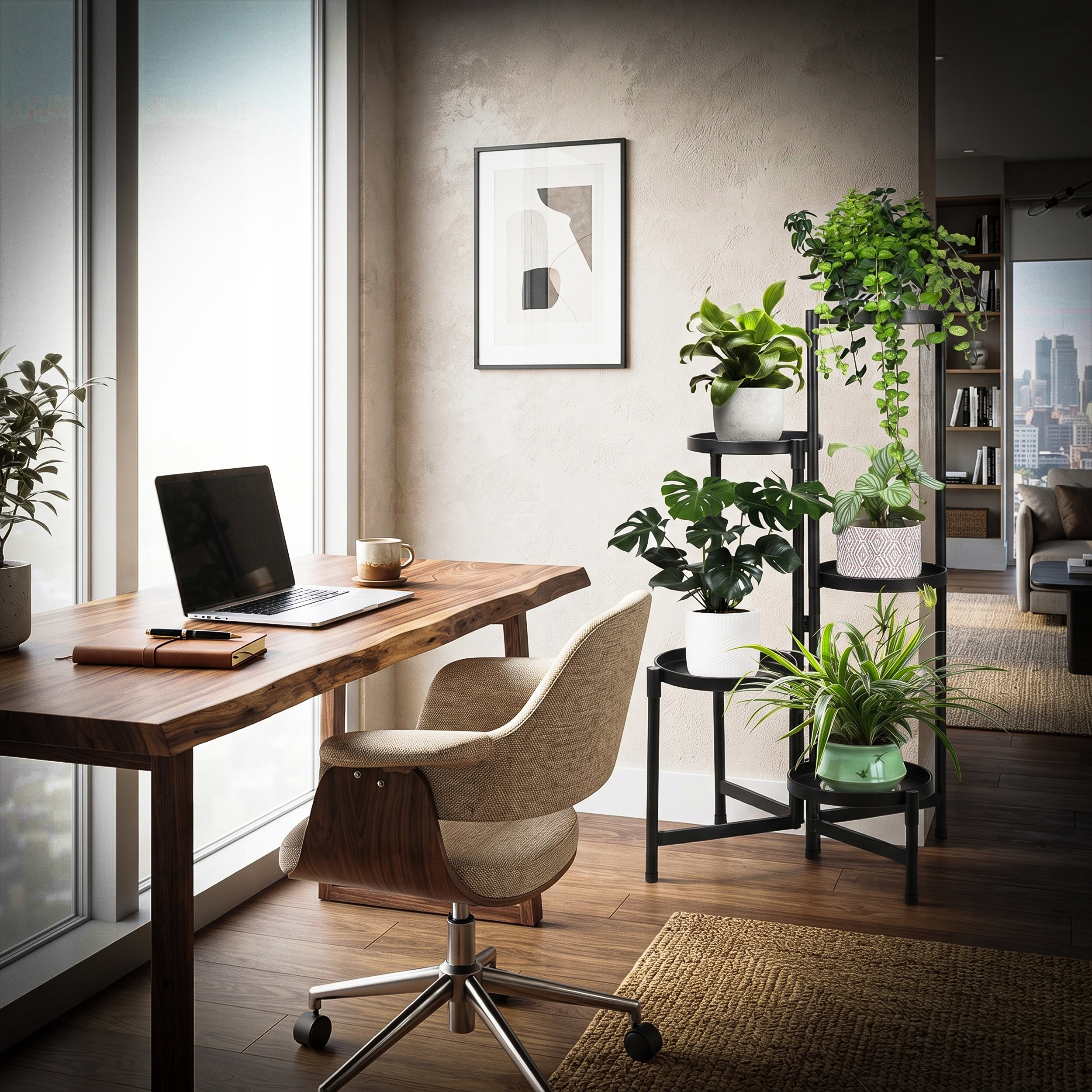 Suport pentru flori si ghivece cu 5 niveluri, structura metalica, polite rotunde cu margini inaltate si diametru de 20 cm, design modern industrial si loft, baza stabila de 48x48 cm, inaltime 82 cm, negru - imagine 13