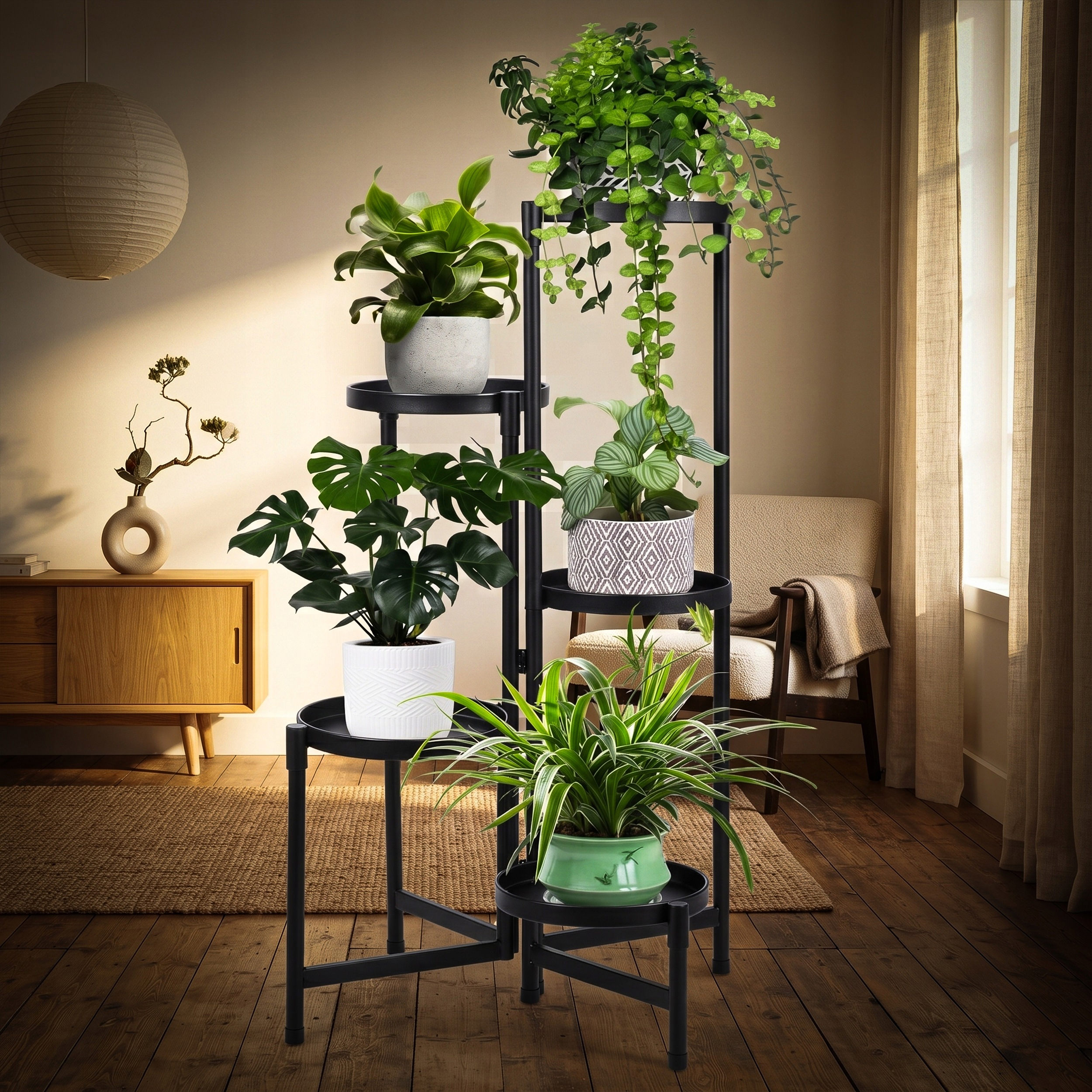 Suport pentru flori si ghivece cu 5 niveluri, structura metalica, polite rotunde cu margini inaltate si diametru de 20 cm, design modern industrial si loft, baza stabila de 48x48 cm, inaltime 82 cm, negru - imagine 15