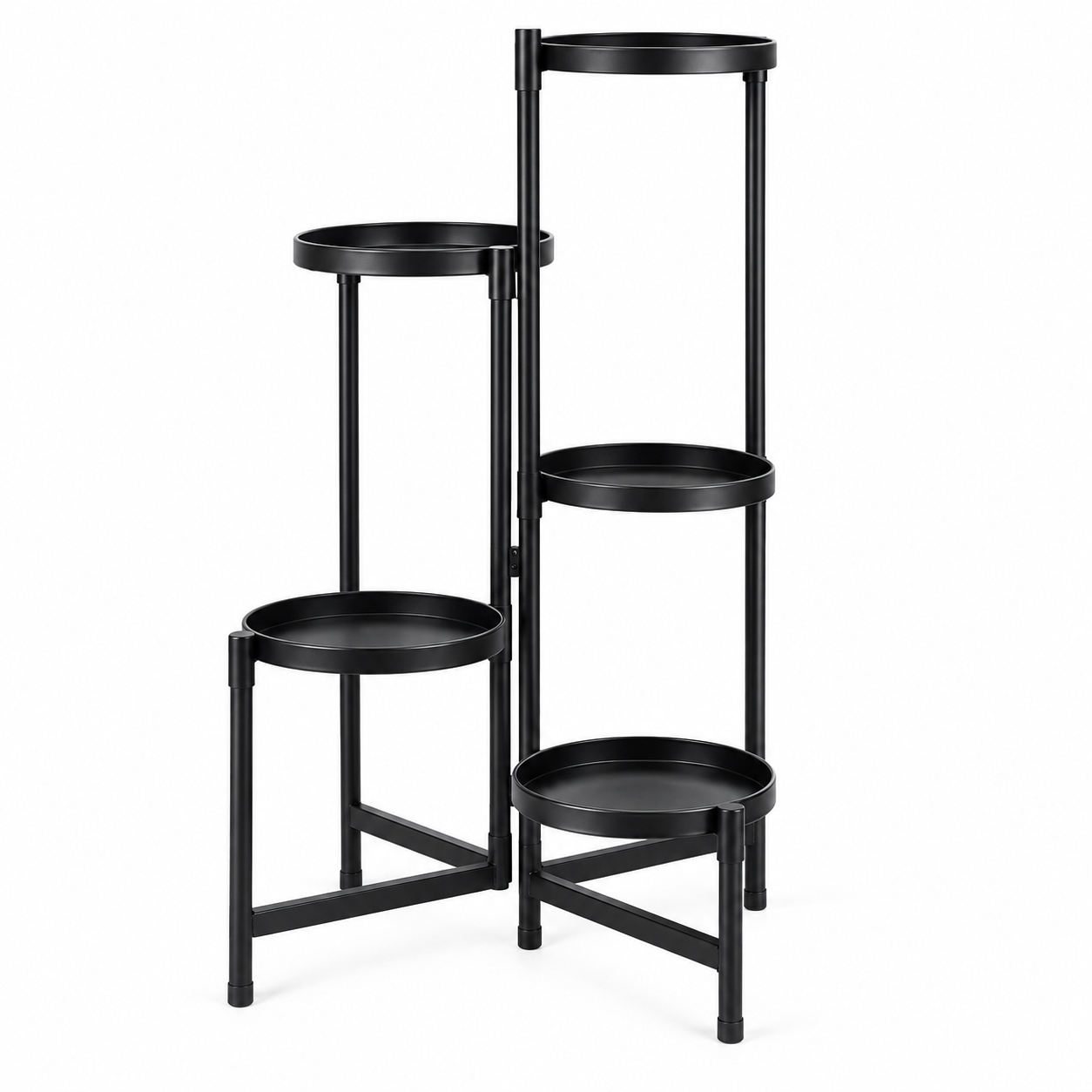 Suport pentru flori si ghivece cu 5 niveluri, structura metalica, polite rotunde cu margini inaltate si diametru de 20 cm, design modern industrial si loft, baza stabila de 48x48 cm, inaltime 82 cm, negru - imagine 2