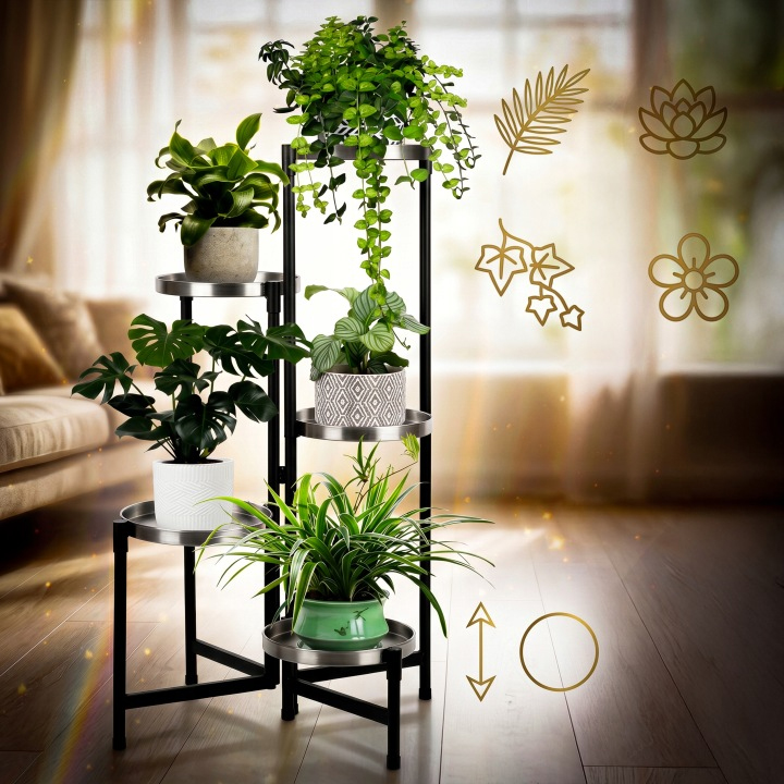 Suport pentru flori si ghivece cu 5 niveluri, structura metalica, polite rotunde cu margini inaltate si diametru de 20 cm, design modern industrial si loft, baza stabila de 48x48 cm, inaltime 82 cm, negru - imagine 5