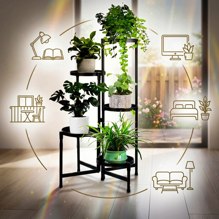Suport pentru flori si ghivece cu 5 niveluri, structura metalica, polite rotunde cu margini inaltate si diametru de 20 cm, design modern industrial si loft, baza stabila de 48x48 cm, inaltime 82 cm, negru - imagine 7