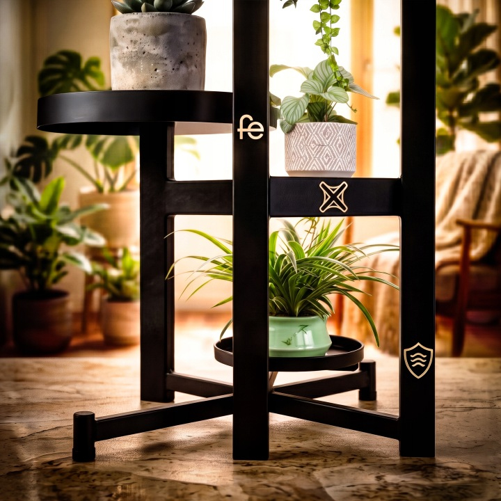 Suport pentru flori si ghivece cu 5 niveluri, structura metalica, polite rotunde cu margini inaltate si diametru de 20 cm, design modern industrial si loft, baza stabila de 48x48 cm, inaltime 82 cm, negru - imagine 9