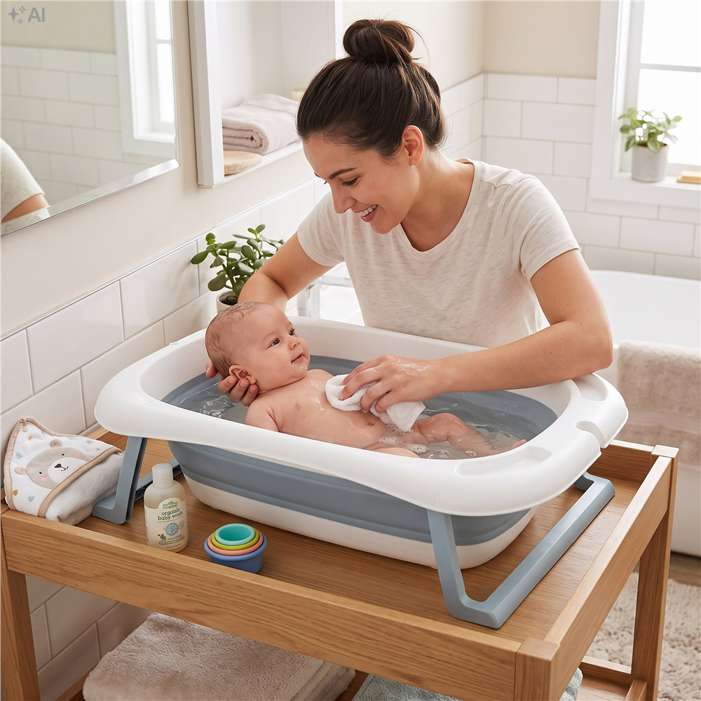 Cadita de baie pliabila pentru bebelusi si copii, sistem de siguranta impotriva plierii accidentale, dop de scurgere, sarcina maxima 30 kg, material plastic si silicon, 85x53x20 cm, alb - imagine 27