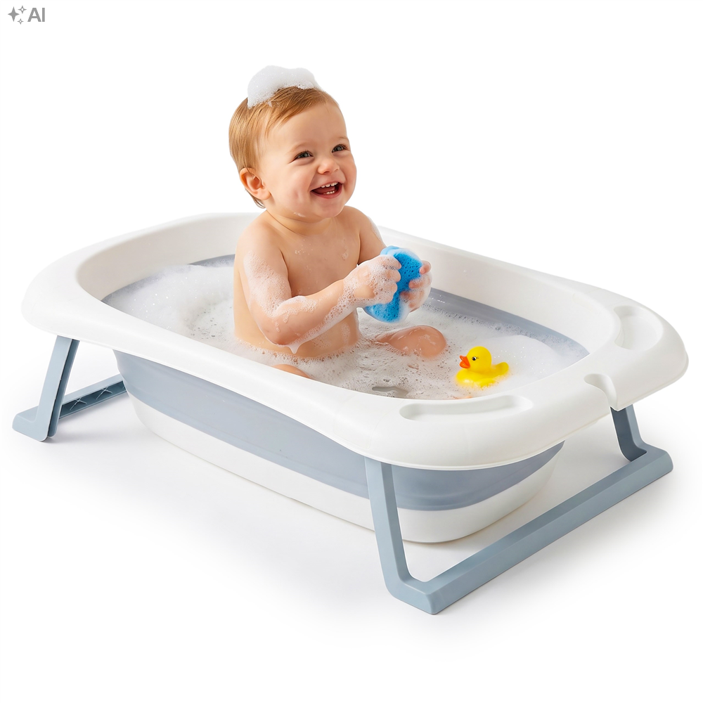 Cadita de baie pliabila pentru bebelusi si copii, sistem de siguranta impotriva plierii accidentale, dop de scurgere, sarcina maxima 30 kg, material plastic si silicon, 85x53x20 cm, alb - imagine 30
