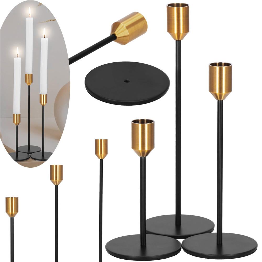 Set 3 suporturi decorative pentru lumanari din metal, tip sfesnic, cu inaltimi de 14, 20 si 25 cm, design elegant pentru decoratiuni festive si realizarea aranjamentelor, negru si auriu - imagine 3