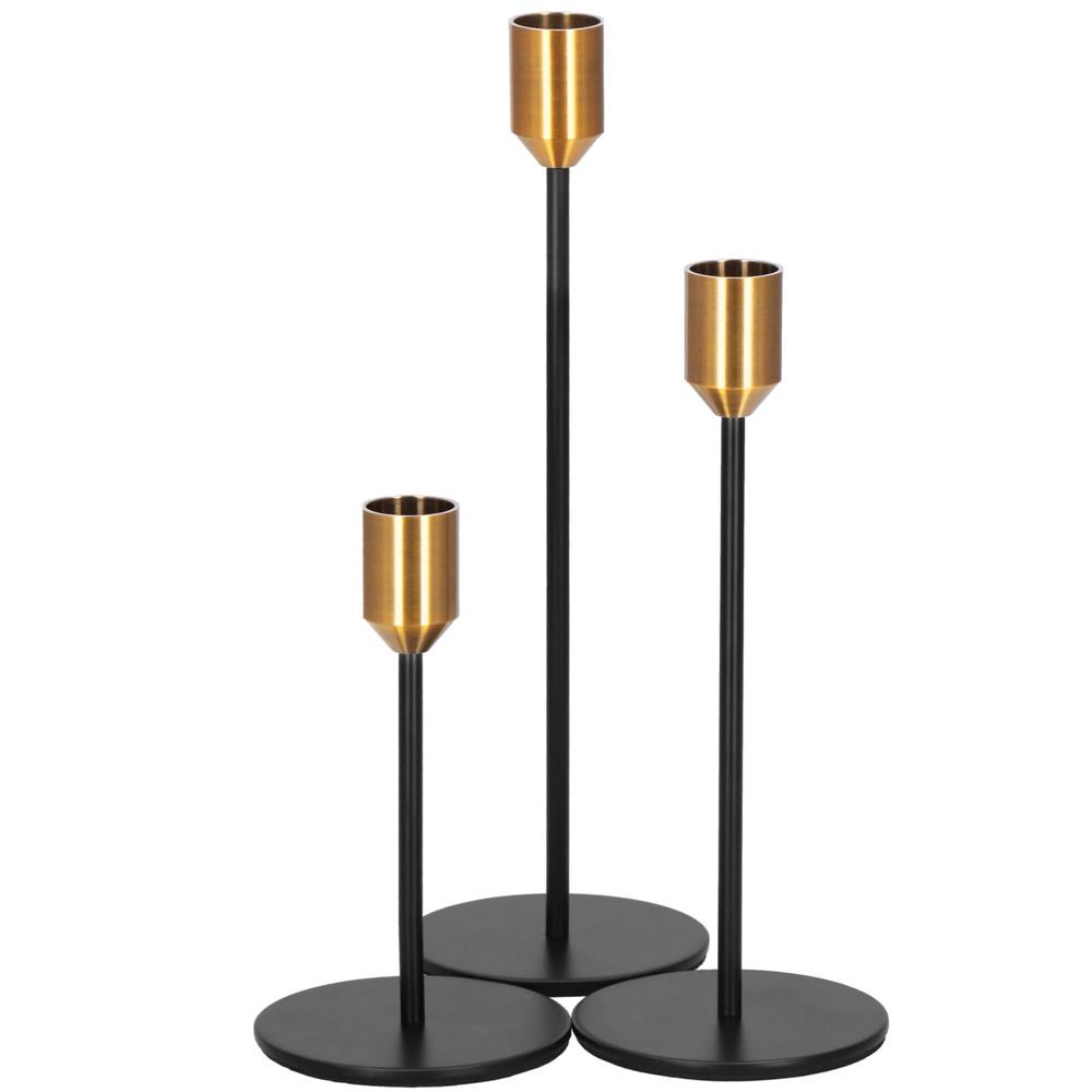 Set 3 suporturi decorative pentru lumanari din metal, tip sfesnic, cu inaltimi de 14, 20 si 25 cm, design elegant pentru decoratiuni festive si realizarea aranjamentelor, negru si auriu - imagine 16