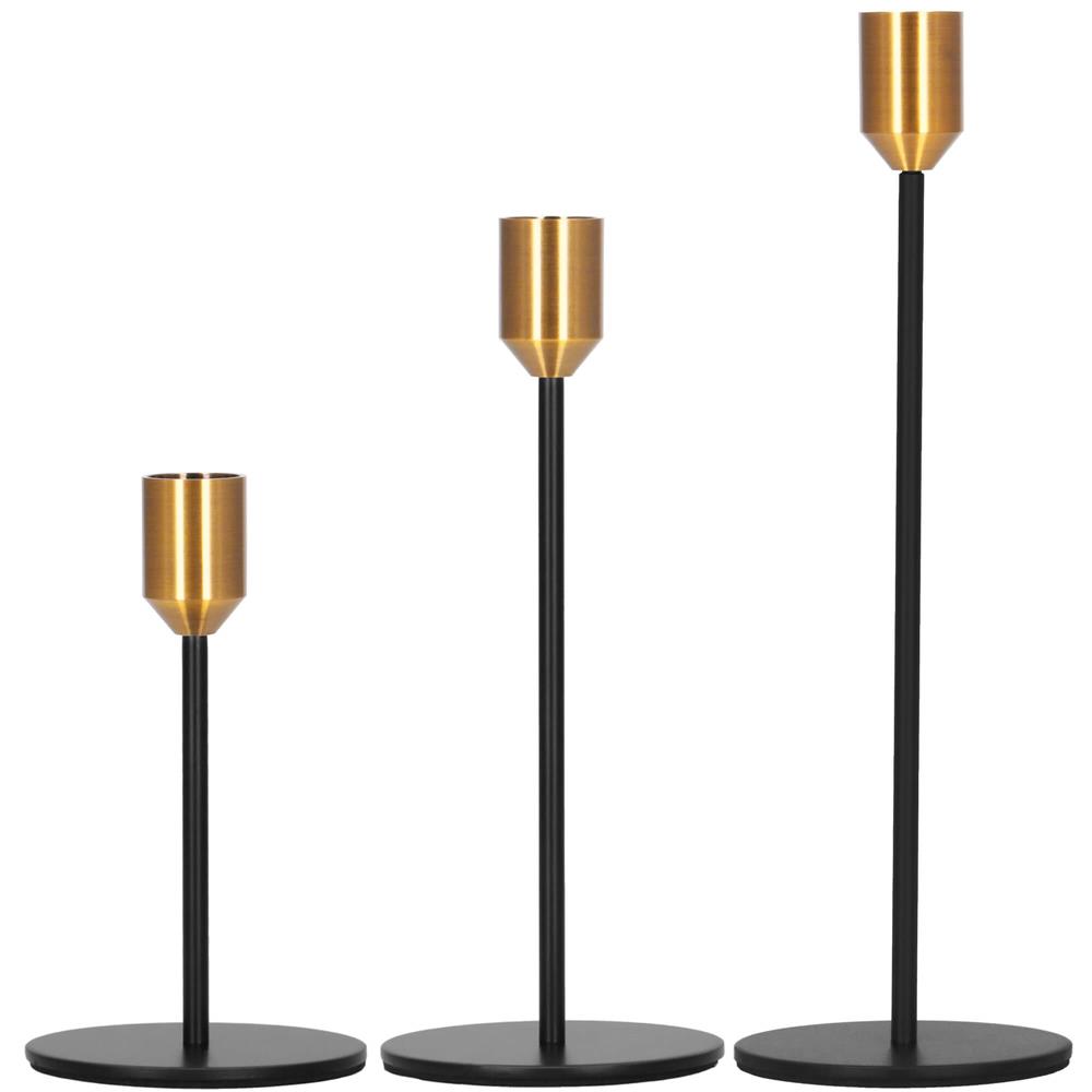 Set 3 suporturi decorative pentru lumanari din metal, tip sfesnic, cu inaltimi de 14, 20 si 25 cm, design elegant pentru decoratiuni festive si realizarea aranjamentelor, negru si auriu