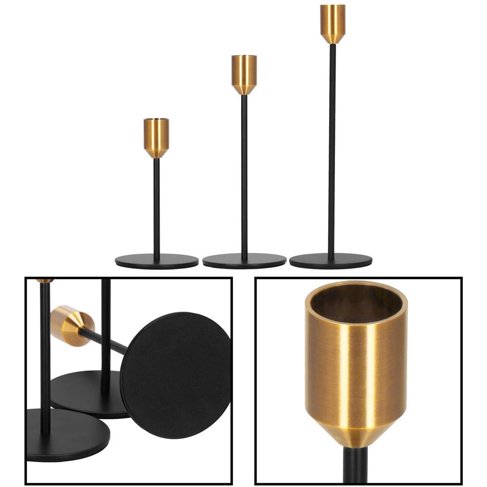 Set 3 suporturi decorative pentru lumanari din metal, tip sfesnic, cu inaltimi de 14, 20 si 25 cm, design elegant pentru decoratiuni festive si realizarea aranjamentelor, negru si auriu - imagine 18