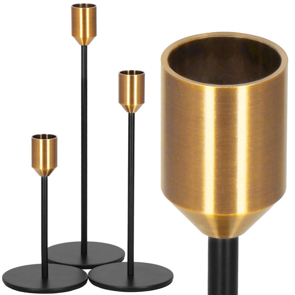 Set 3 suporturi decorative pentru lumanari din metal, tip sfesnic, cu inaltimi de 14, 20 si 25 cm, design elegant pentru decoratiuni festive si realizarea aranjamentelor, negru si auriu - imagine 4