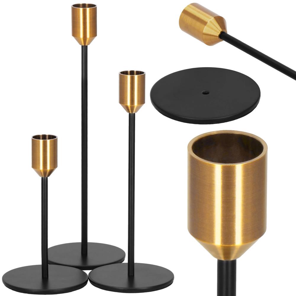 Set 3 suporturi decorative pentru lumanari din metal, tip sfesnic, cu inaltimi de 14, 20 si 25 cm, design elegant pentru decoratiuni festive si realizarea aranjamentelor, negru si auriu - imagine 5
