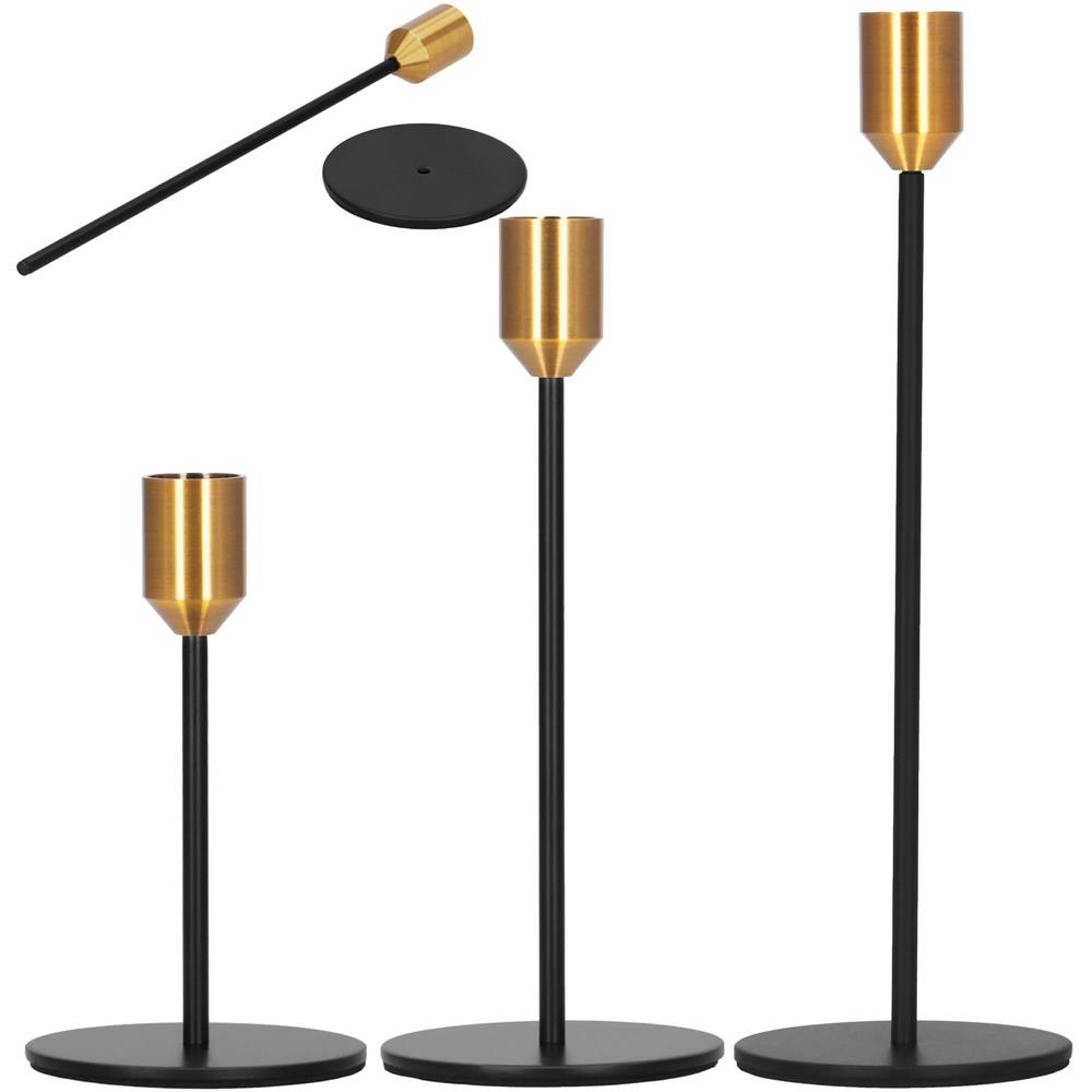 Set 3 suporturi decorative pentru lumanari din metal, tip sfesnic, cu inaltimi de 14, 20 si 25 cm, design elegant pentru decoratiuni festive si realizarea aranjamentelor, negru si auriu - imagine 6