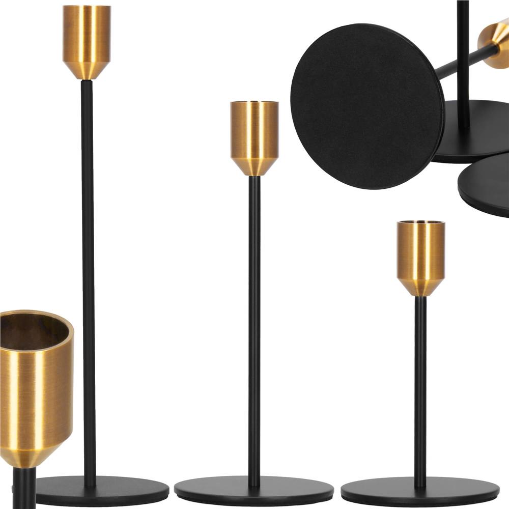 Set 3 suporturi decorative pentru lumanari din metal, tip sfesnic, cu inaltimi de 14, 20 si 25 cm, design elegant pentru decoratiuni festive si realizarea aranjamentelor, negru si auriu - imagine 7