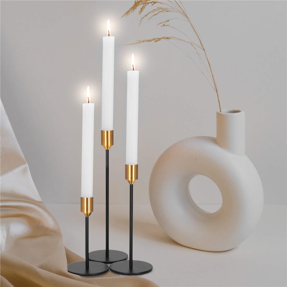Set 3 suporturi decorative pentru lumanari din metal, tip sfesnic, cu inaltimi de 14, 20 si 25 cm, design elegant pentru decoratiuni festive si realizarea aranjamentelor, negru si auriu - imagine 8