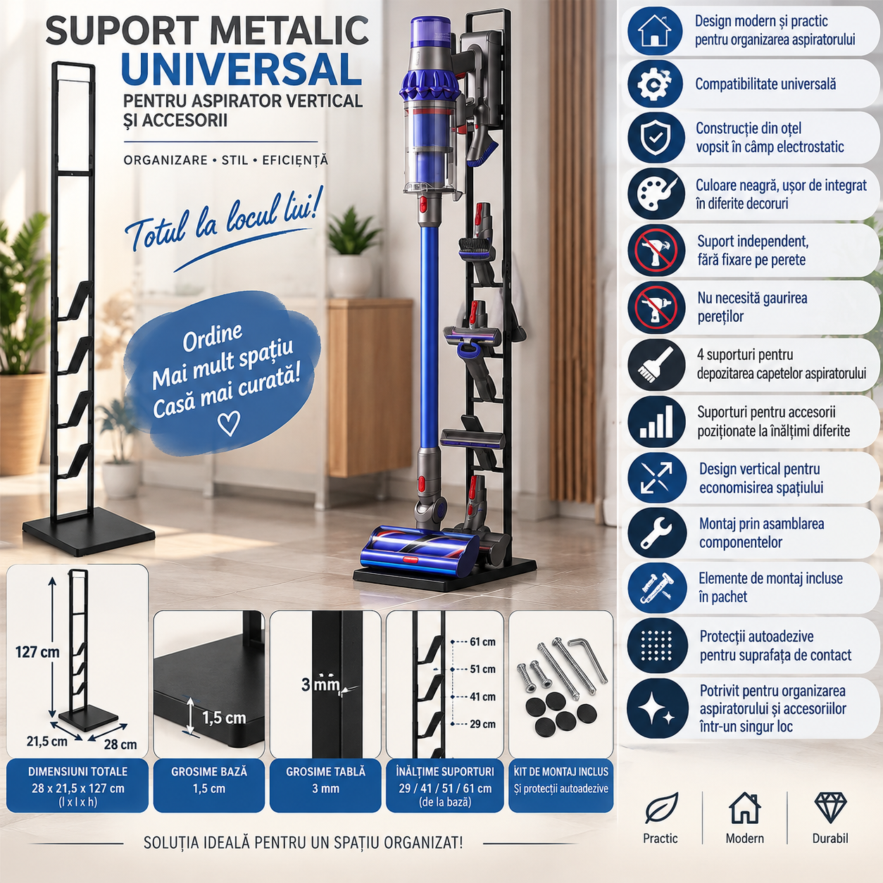 Suport universal pentru aspirator vertical si accesorii, structura metalica din otel, montaj independent pe podea fara gaurirea peretelui, design compact pentru depozitarea aspiratorului, 28x22x127 cm, negru - imagine 3