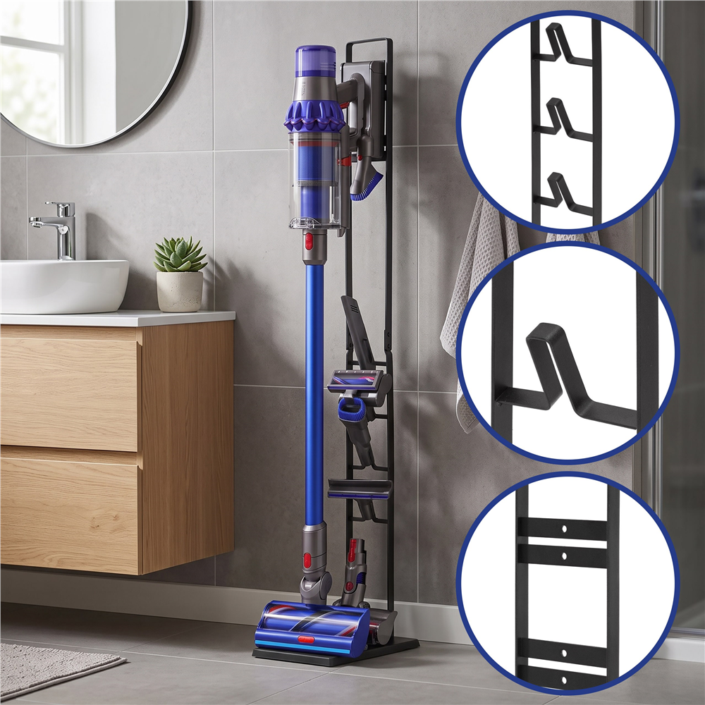 Suport universal pentru aspirator vertical si accesorii, structura metalica din otel, montaj independent pe podea fara gaurirea peretelui, design compact pentru depozitarea aspiratorului, 28x22x127 cm, negru - imagine 26