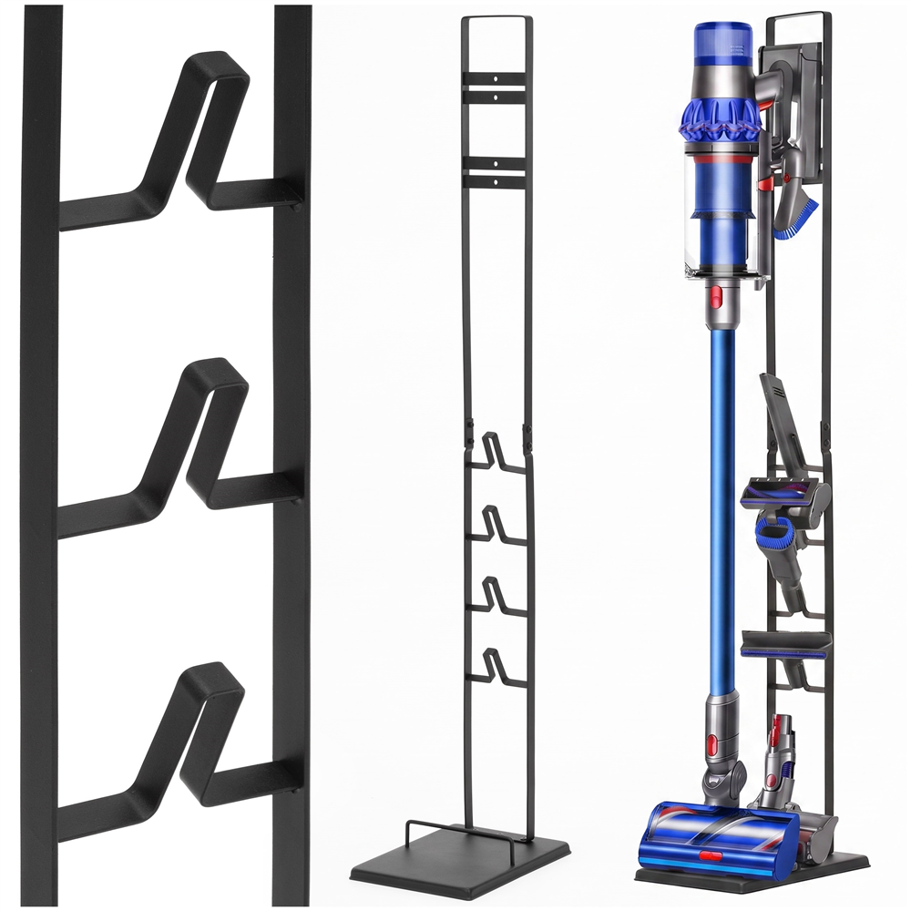 Suport universal pentru aspirator vertical si accesorii, structura metalica din otel, montaj independent pe podea fara gaurirea peretelui, design compact pentru depozitarea aspiratorului, 28x22x127 cm, negru - imagine 5