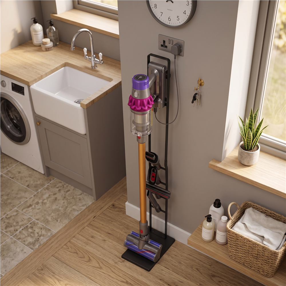 Suport universal pentru aspirator vertical si accesorii, structura metalica din otel, montaj independent pe podea fara gaurirea peretelui, design compact pentru depozitarea aspiratorului, 28x22x127 cm, negru - imagine 10