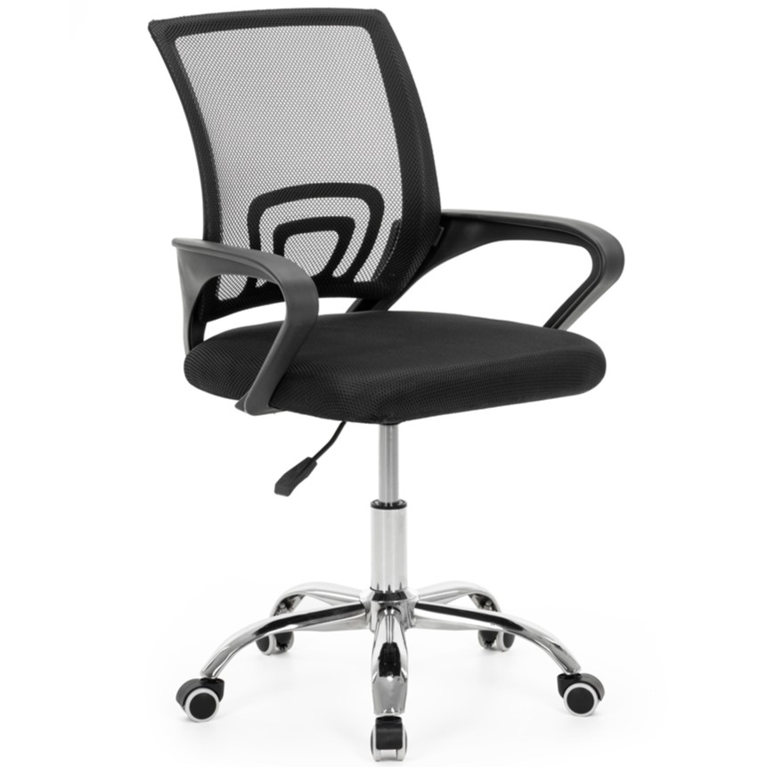 Scaun de birou ergonomic cu spatar din plasa mesh respirabila, sezut tapitat cu burete moale, cotiere pentru sustinere, baza metalica stabila cu 5 roti pivotante, maxim 100 kg, 60x44x83-93 cm, negru