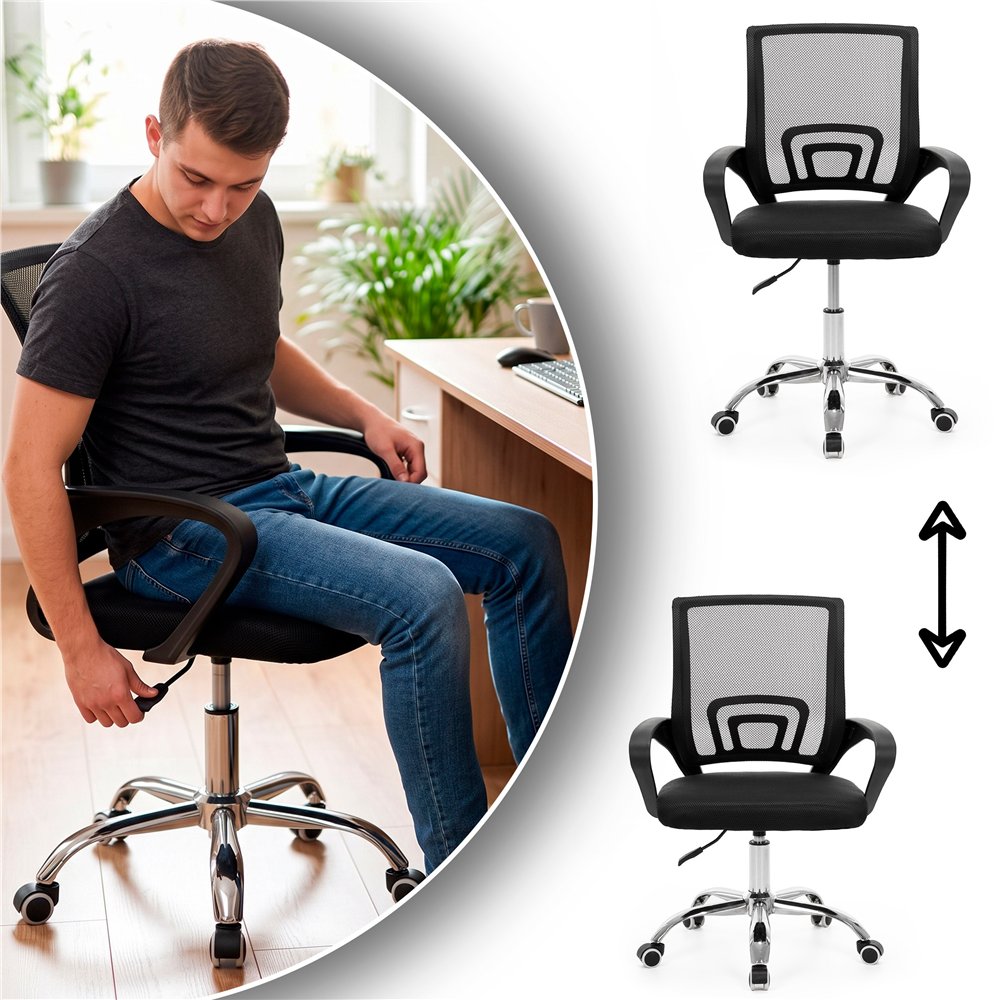 Scaun de birou ergonomic cu spatar din plasa mesh respirabila, sezut tapitat cu burete moale, cotiere pentru sustinere, baza metalica stabila cu 5 roti pivotante, maxim 100 kg, 60x44x83-93 cm, negru - imagine 11