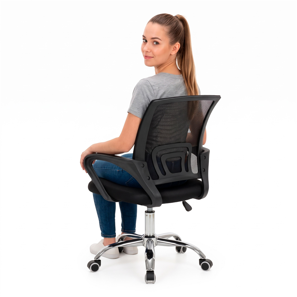 Scaun de birou ergonomic cu spatar din plasa mesh respirabila, sezut tapitat cu burete moale, cotiere pentru sustinere, baza metalica stabila cu 5 roti pivotante, maxim 100 kg, 60x44x83-93 cm, negru - imagine 22