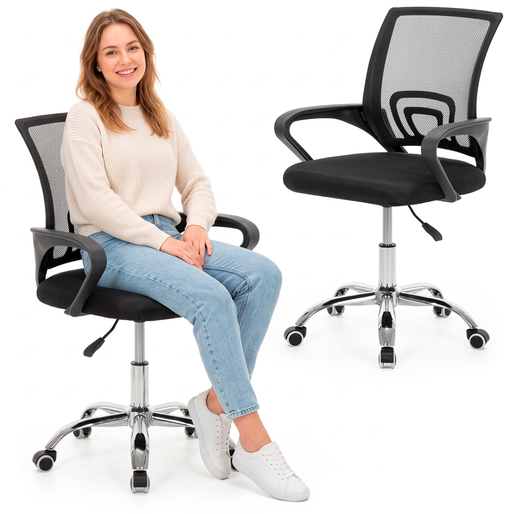 Scaun de birou ergonomic cu spatar din plasa mesh respirabila, sezut tapitat cu burete moale, cotiere pentru sustinere, baza metalica stabila cu 5 roti pivotante, maxim 100 kg, 60x44x83-93 cm, negru - imagine 5