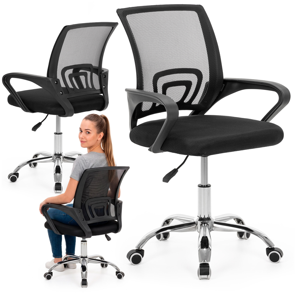 Scaun de birou ergonomic cu spatar din plasa mesh respirabila, sezut tapitat cu burete moale, cotiere pentru sustinere, baza metalica stabila cu 5 roti pivotante, maxim 100 kg, 60x44x83-93 cm, negru - imagine 6