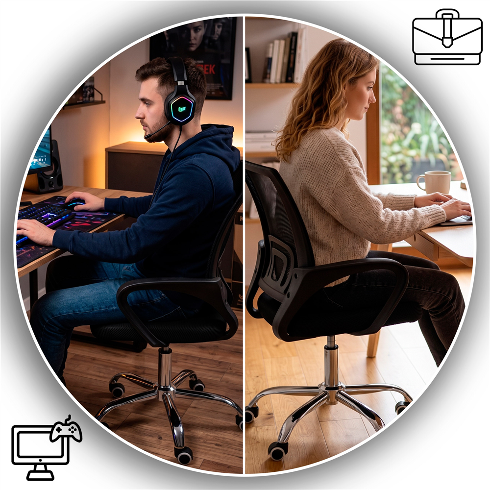 Scaun de birou ergonomic cu spatar din plasa mesh respirabila, sezut tapitat cu burete moale, cotiere pentru sustinere, baza metalica stabila cu 5 roti pivotante, maxim 100 kg, 60x44x83-93 cm, negru - imagine 8