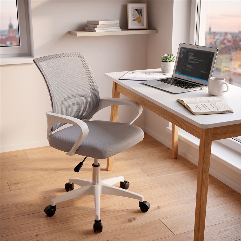 Scaun de birou ergonomic cu spatar din plasa mesh respirabila, sezut tapitat cu burete moale, cotiere pentru sustinere, baza metalica stabila cu 5 roti pivotante, maxim 100 kg, 60x44x83-93 cm, gri - imagine 28