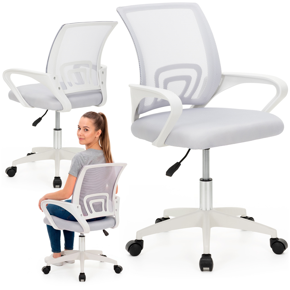 Scaun de birou ergonomic cu spatar din plasa mesh respirabila, sezut tapitat cu burete moale, cotiere pentru sustinere, baza metalica stabila cu 5 roti pivotante, maxim 100 kg, 60x44x83-93 cm, gri - imagine 8