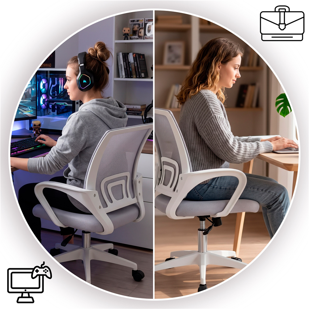 Scaun de birou ergonomic cu spatar din plasa mesh respirabila, sezut tapitat cu burete moale, cotiere pentru sustinere, baza metalica stabila cu 5 roti pivotante, maxim 100 kg, 60x44x83-93 cm, gri - imagine 9