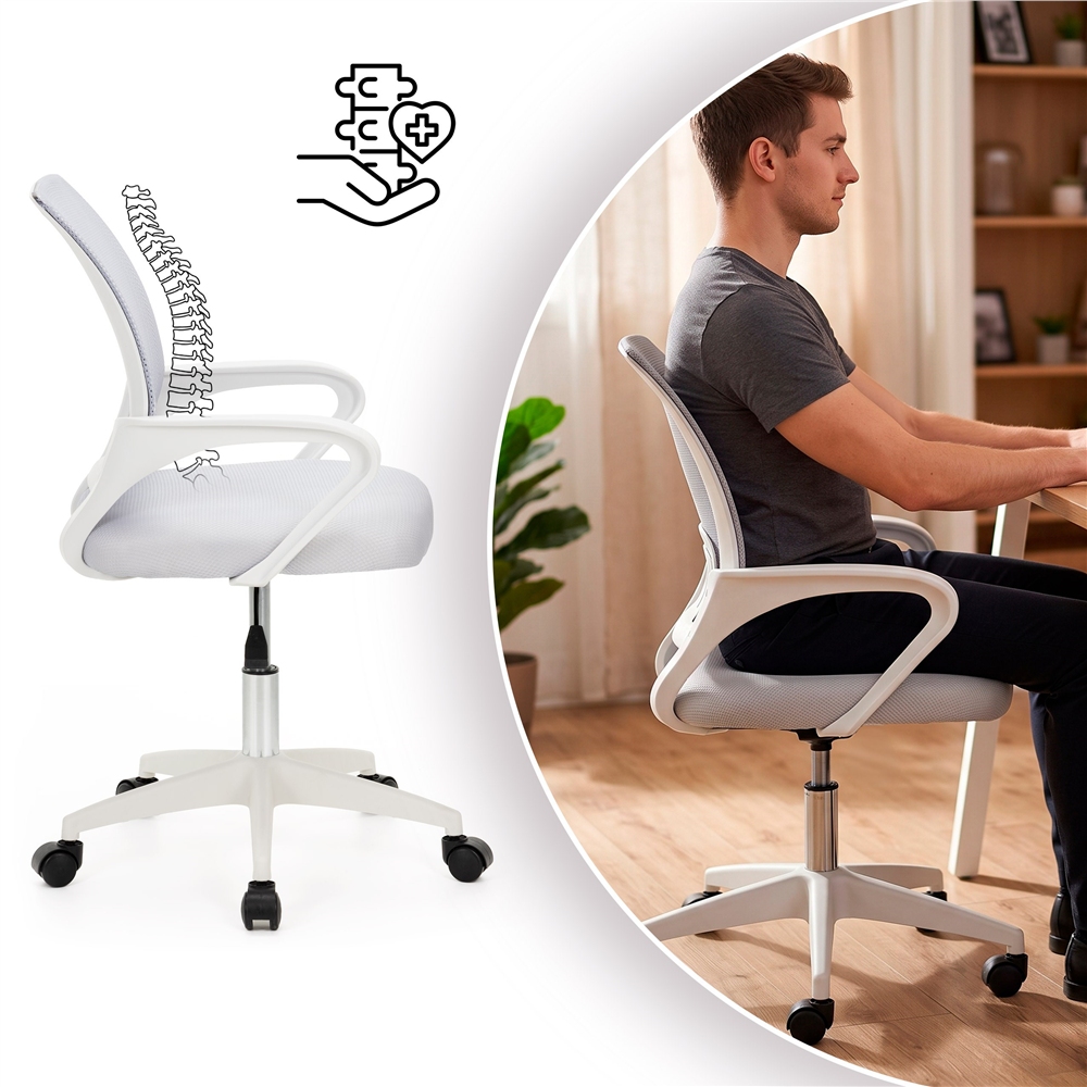Scaun de birou ergonomic cu spatar din plasa mesh respirabila, sezut tapitat cu burete moale, cotiere pentru sustinere, baza metalica stabila cu 5 roti pivotante, maxim 100 kg, 60x44x83-93 cm, gri - imagine 10