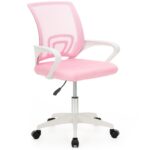 Scaun de birou ergonomic cu spatar din plasa mesh respirabila, sezut tapitat cu burete moale, cotiere pentru sustinere, baza metalica stabila cu 5 roti pivotante, maxim 100 kg, 60x44x83-93 cm, roz