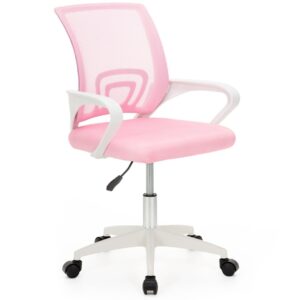 Scaun de birou ergonomic cu spatar din plasa mesh respirabila, sezut tapitat cu burete moale, cotiere pentru sustinere, baza metalica stabila cu 5 roti pivotante, maxim 100 kg, 60x44x83-93 cm, roz