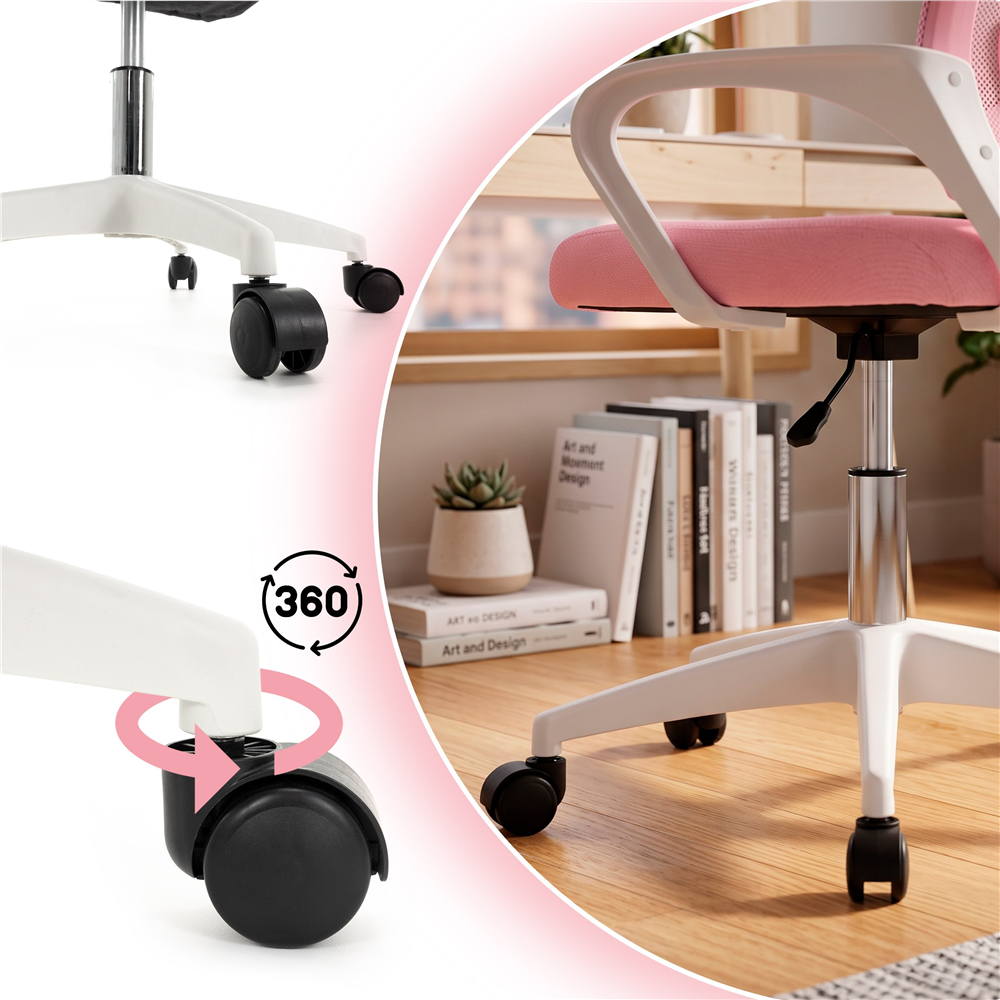 Scaun de birou ergonomic cu spatar din plasa mesh respirabila, sezut tapitat cu burete moale, cotiere pentru sustinere, baza metalica stabila cu 5 roti pivotante, maxim 100 kg, 60x44x83-93 cm, roz - imagine 11