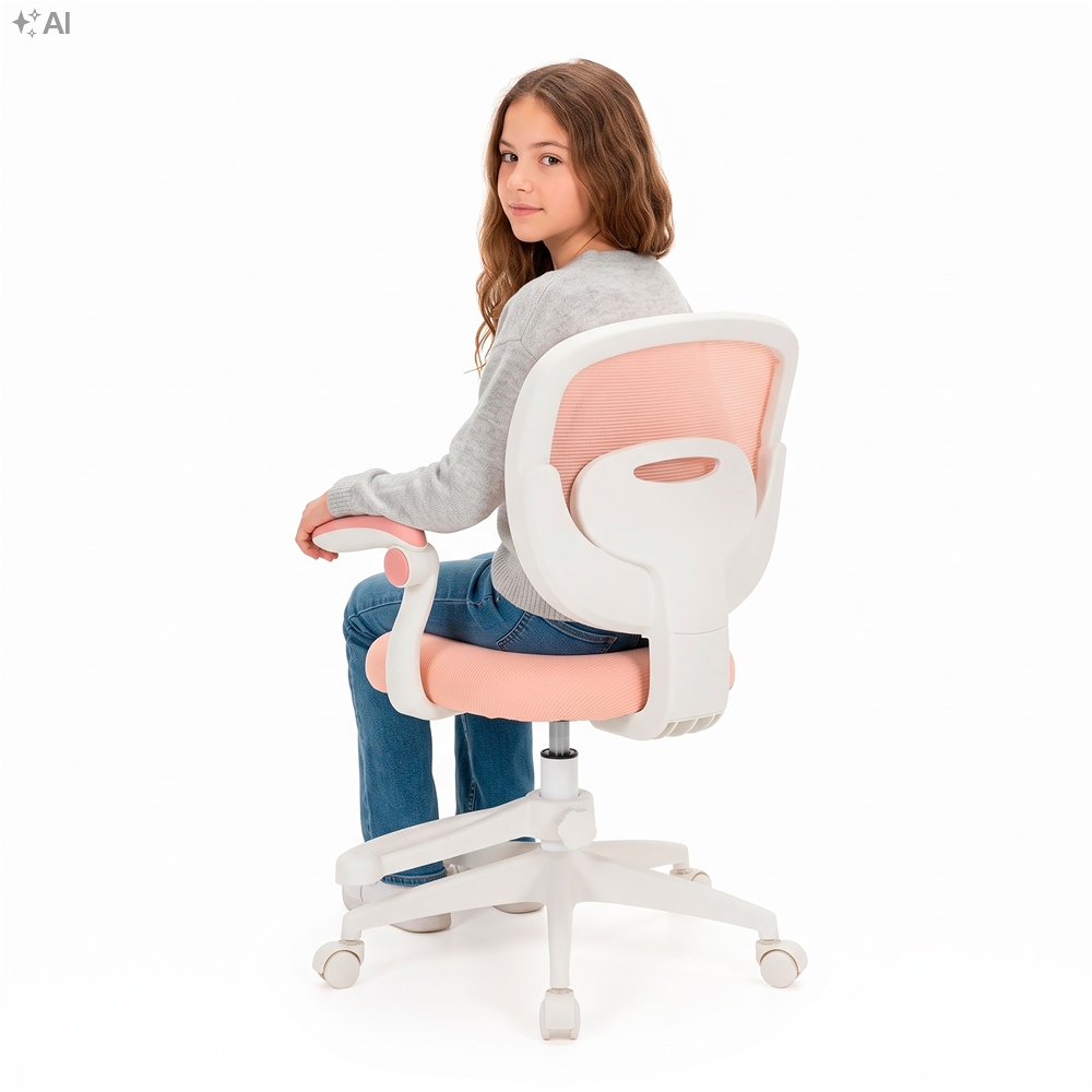 Scaun de birou ergonomic pentru copii, cu spatar din plasa respirabila, sezut tapitat cu burete de 6 cm, inaltime reglabila, cotiere rabatabile si suport pentru picioare, maxim 120 kg, 52x60x81-91 cm, roz - imagine 14