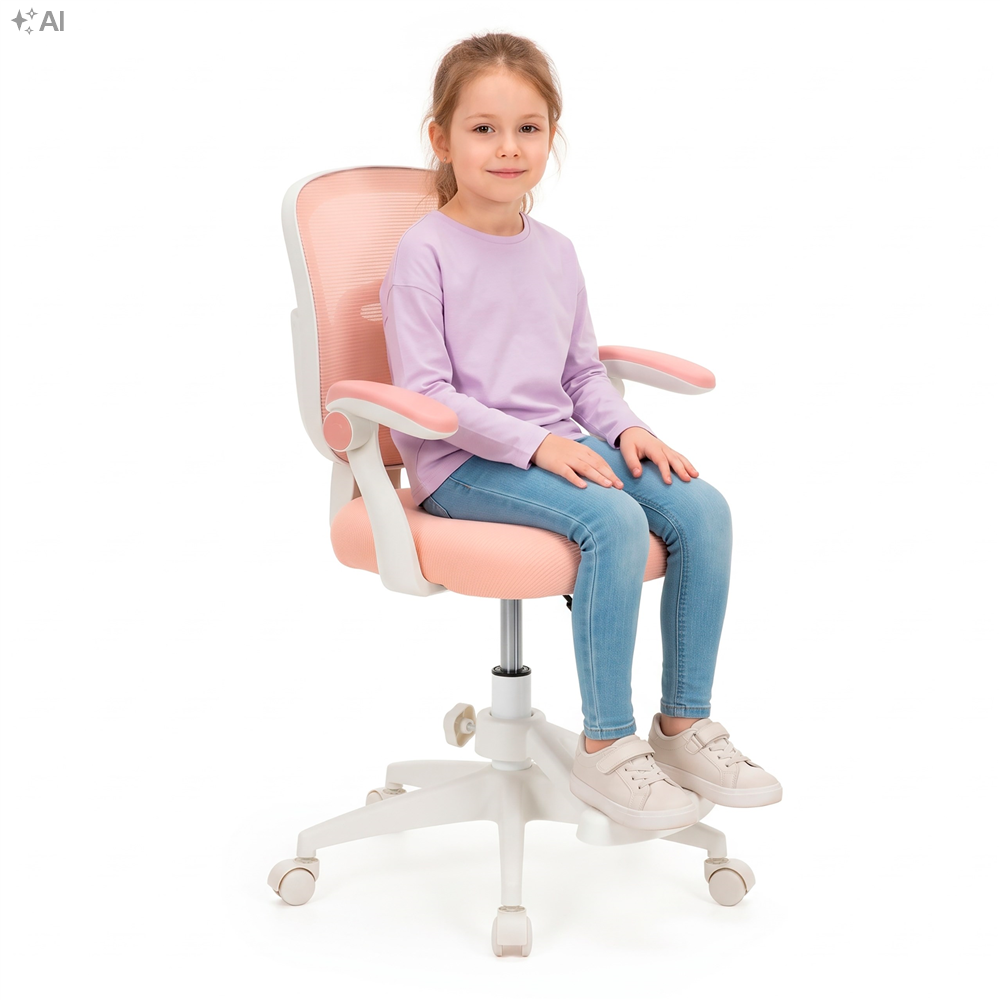 Scaun de birou ergonomic pentru copii, cu spatar din plasa respirabila, sezut tapitat cu burete de 6 cm, inaltime reglabila, cotiere rabatabile si suport pentru picioare, maxim 120 kg, 52x60x81-91 cm, roz - imagine 15